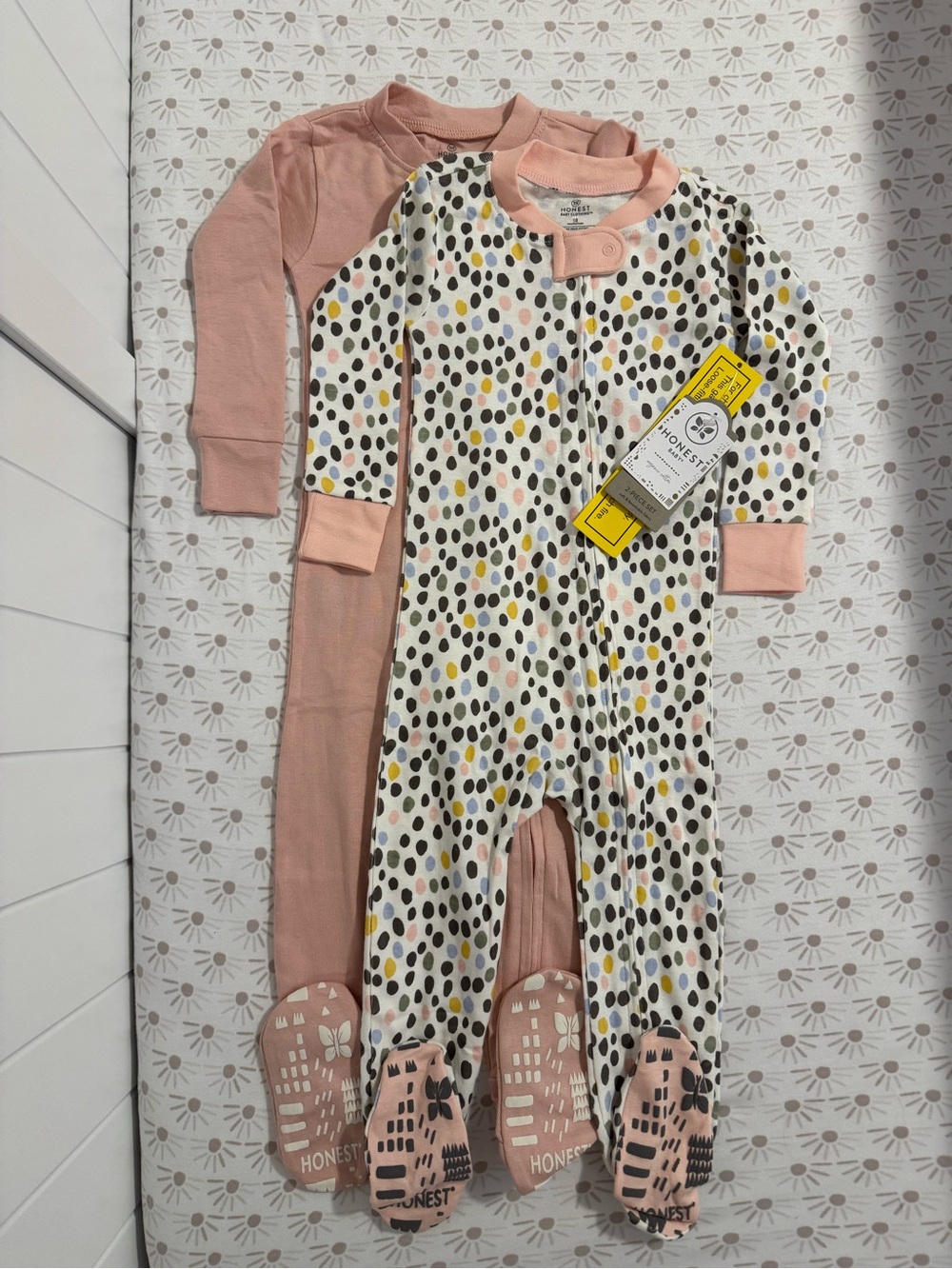 NWT 2 Piece set Honest Co. Baby Footed Sleepers - Pink & Multi Dot